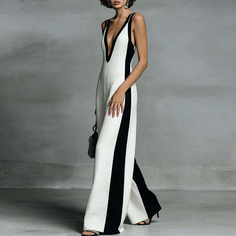 Women's Wide-Leg Jumpsuit with Deep V-Neck