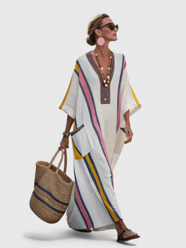 Women's Bohemian Striped V-Neck Maxi Caftan Dress with Pockets