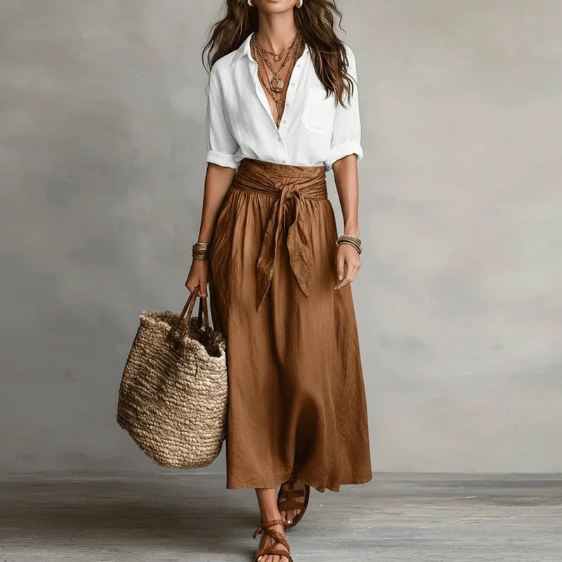 Ensemble deux pièces pour femme : blouse et jupe midi à taille nouée