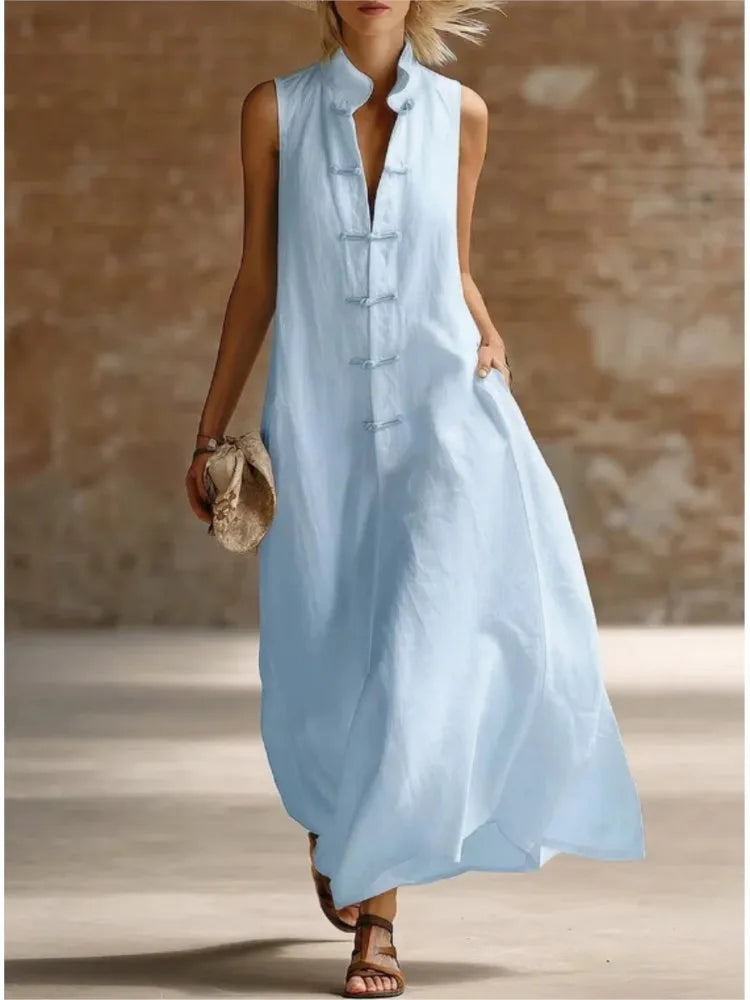 Robe chemise maxi sans manches pour femme