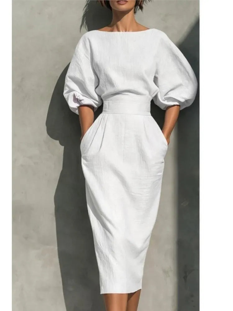 Robe midi à manches bouffantes pour femme avec poches