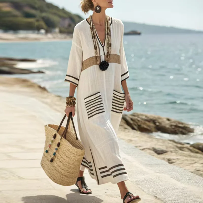 Robe maxi bohème pour femme avec col en V et détails rayés