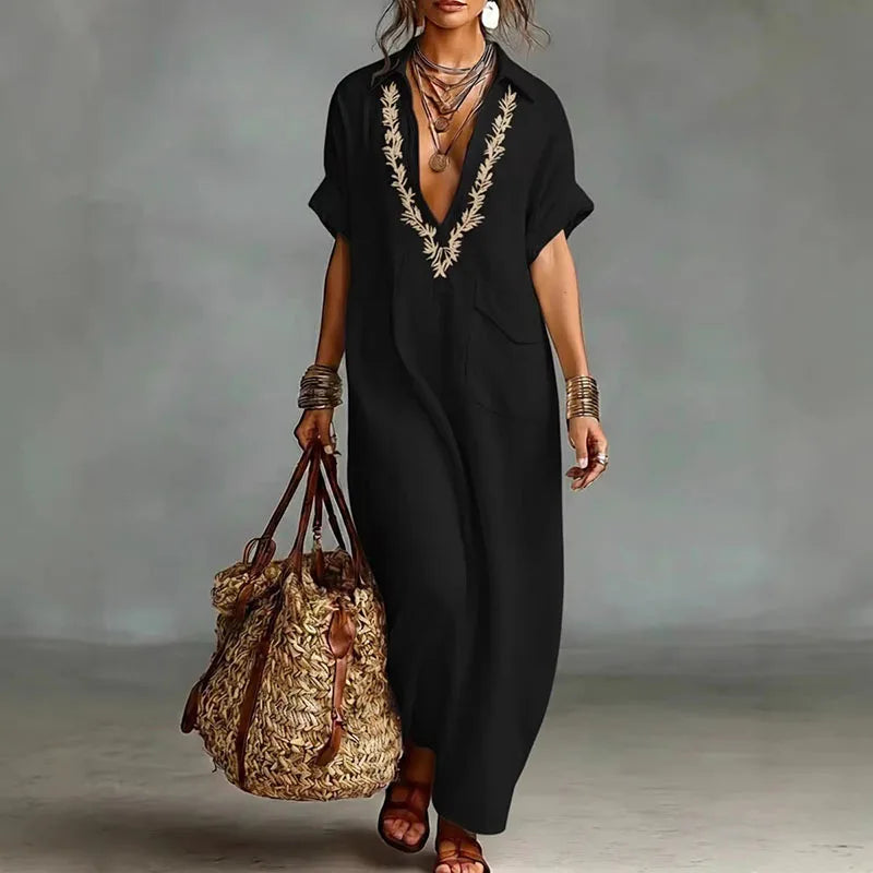 Robe maxi bohème imprimée pour femme avec décolleté plongeant en V