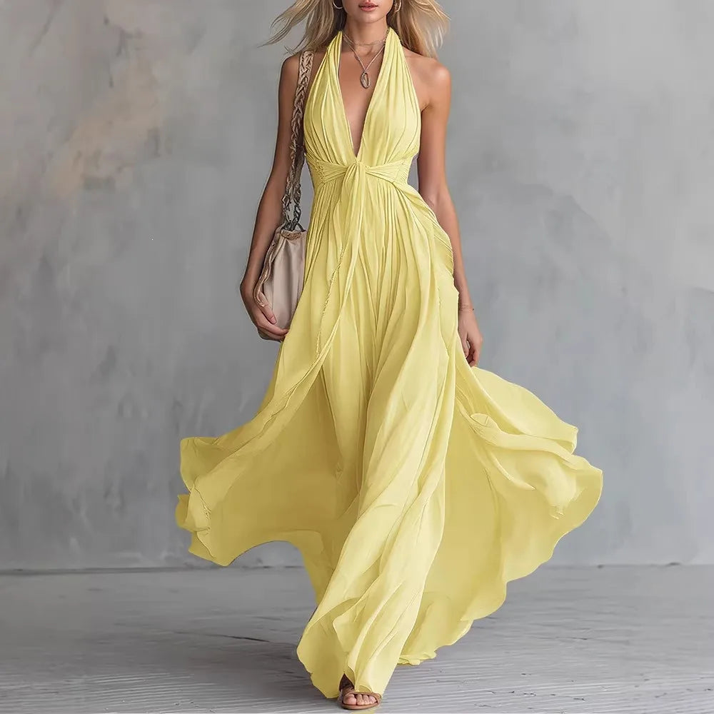 Robe longue dos nu à col halter pour femme avec fente plissée sur le côté