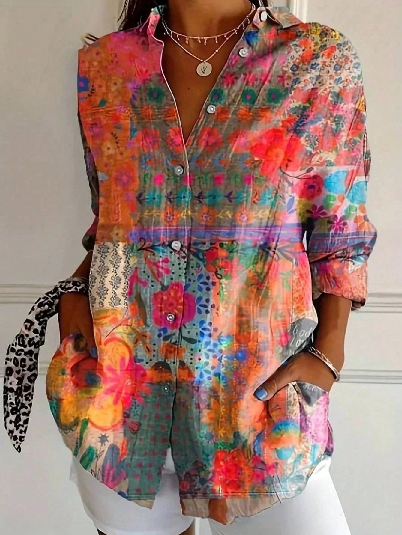 Women’s Artistic Floral Button-Up Blouse
