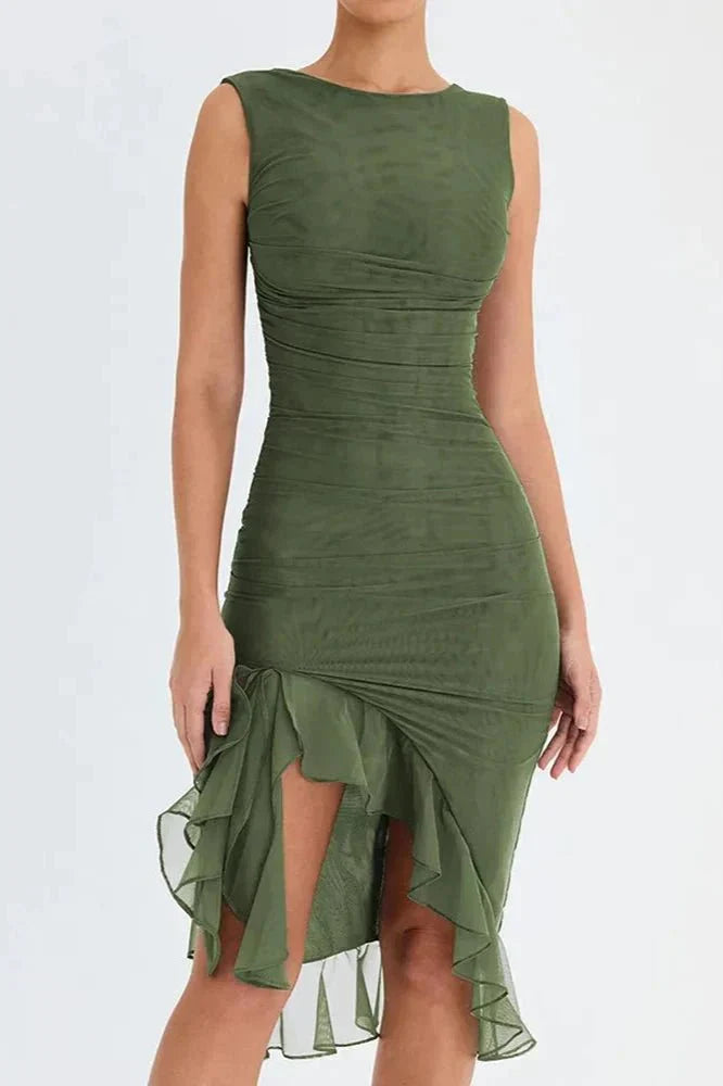 Women’s Sleeveless Ruched Midi Dress with Asymmetrical Hem