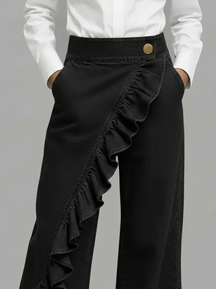 Women's Wide Leg Jeans with Asymmetrical Ruffle