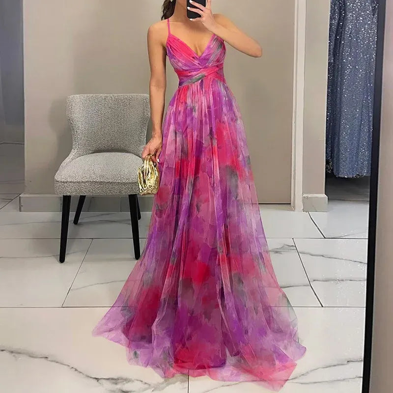 Robe longue élégante pour femme invitée de mariage avec col en V