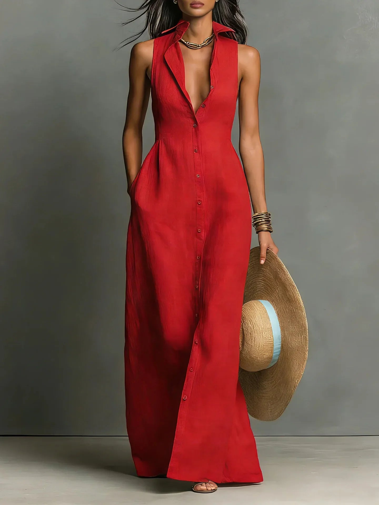 Robe longue sans manches pour femme avec col à revers