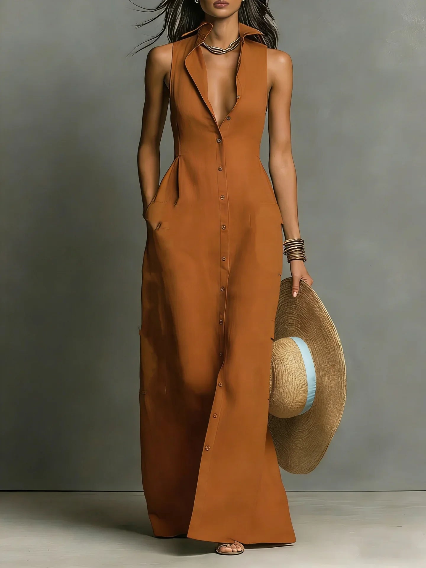 Robe longue sans manches pour femme avec col à revers