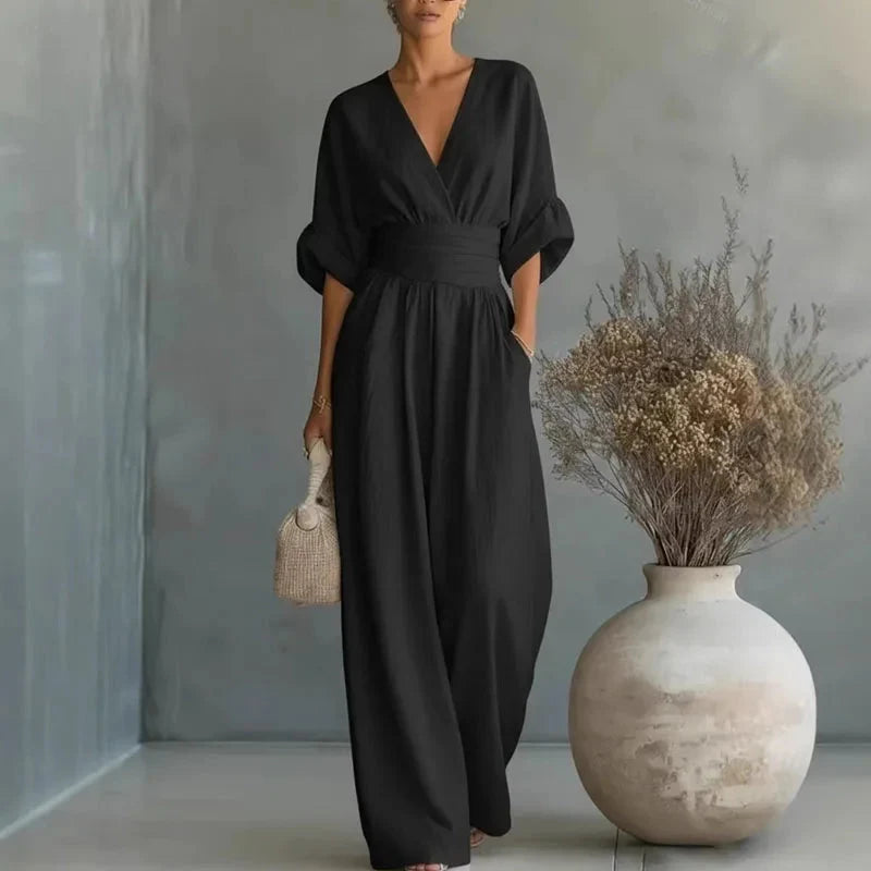 Women's Casual Style V-Neck Wide-Leg Jumpsuit