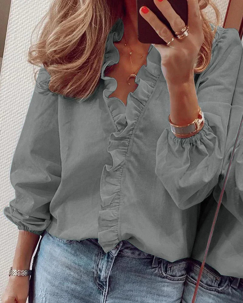 Blouse à manches longues à col en V avec volants pour femmes