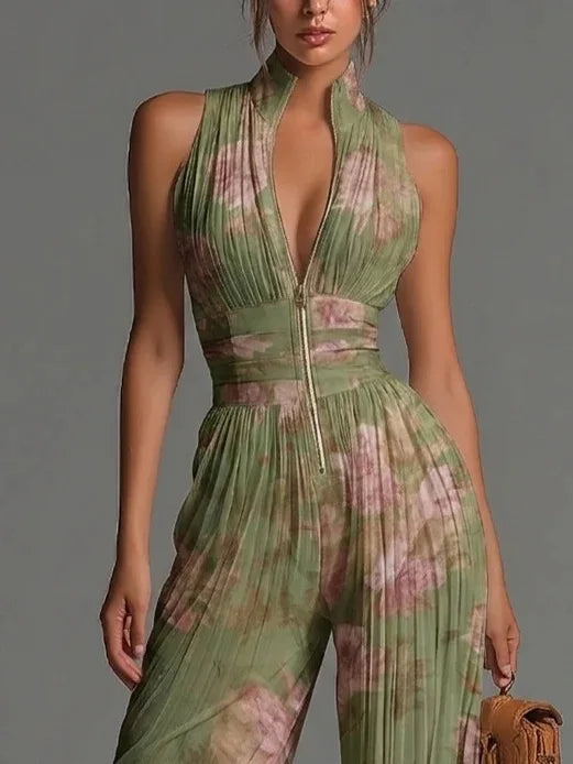 Women's Pleated Floral Jumpsuit with Halter Neck