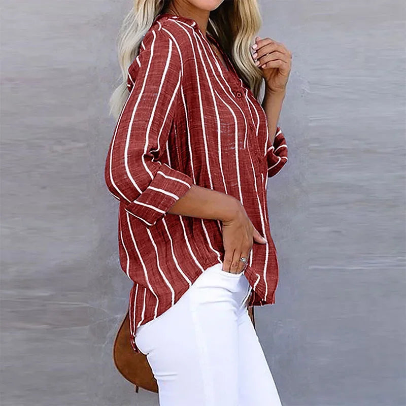 Women's Oversized Striped Shirt with Relaxed Long Sleeve Fit