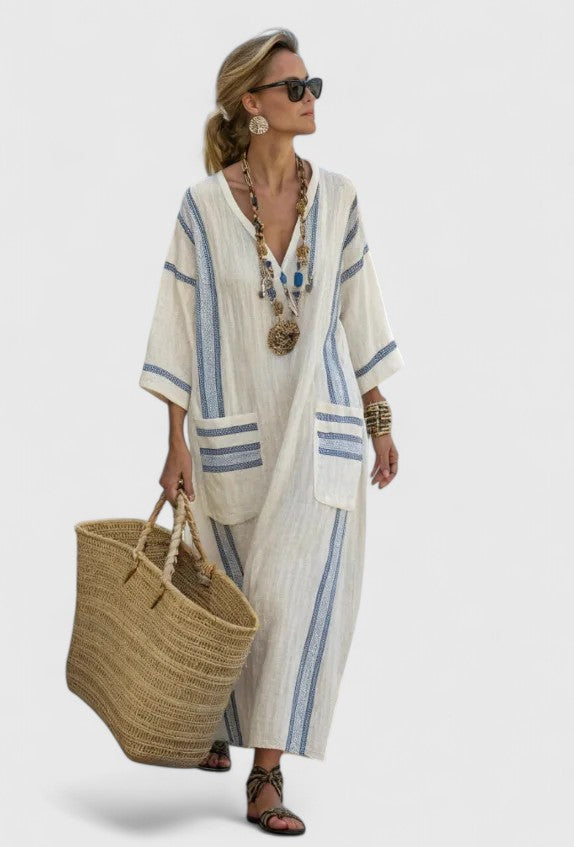 Women's Bohemian Striped V-Neck Maxi Caftan Dress with Pockets