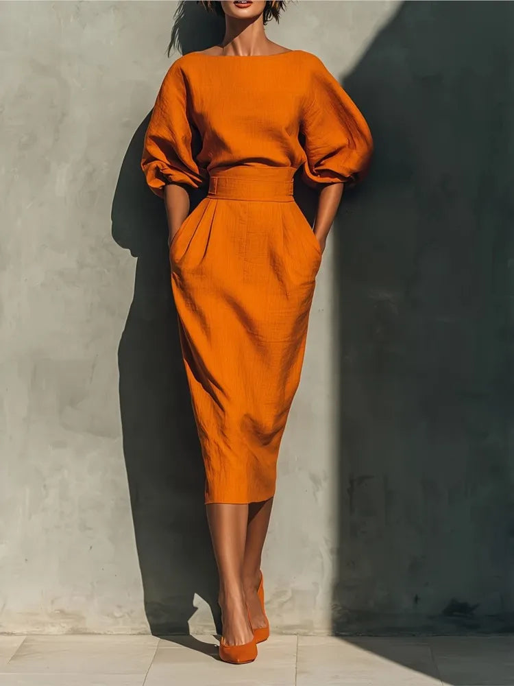 Robe midi à manches bouffantes pour femme avec poches