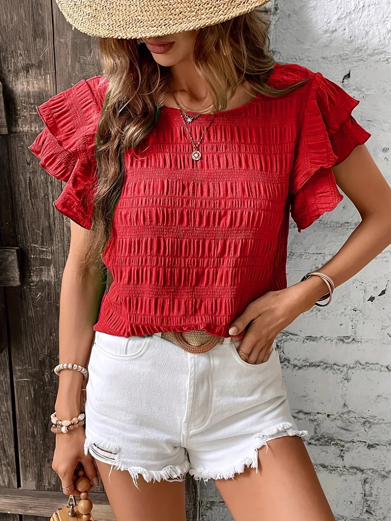Blouse d'été décontractée pour femme avec manches à volants smockées