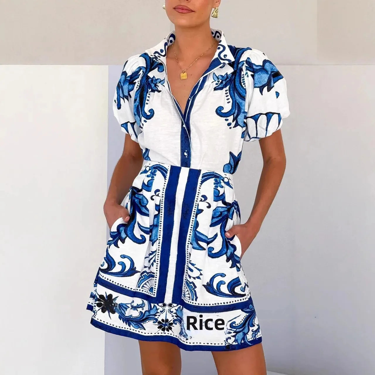 Women's Printed Puff Sleeve Mini Dress