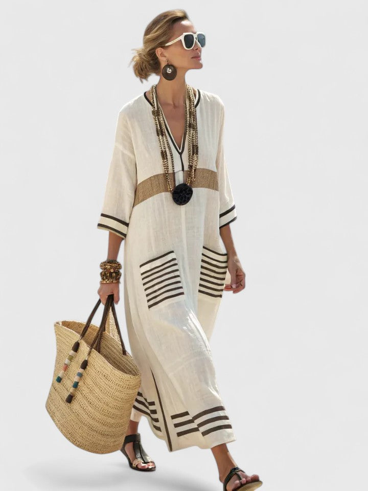 Women's Bohemian Striped V-Neck Maxi Caftan Dress with Pockets