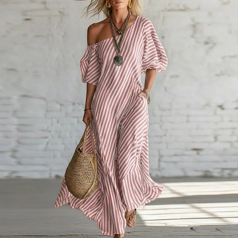 Women's One Shoulder Striped Puff Sleeve Maxi Dress