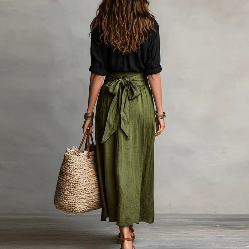 Ensemble deux pièces pour femme : blouse et jupe midi à taille nouée
