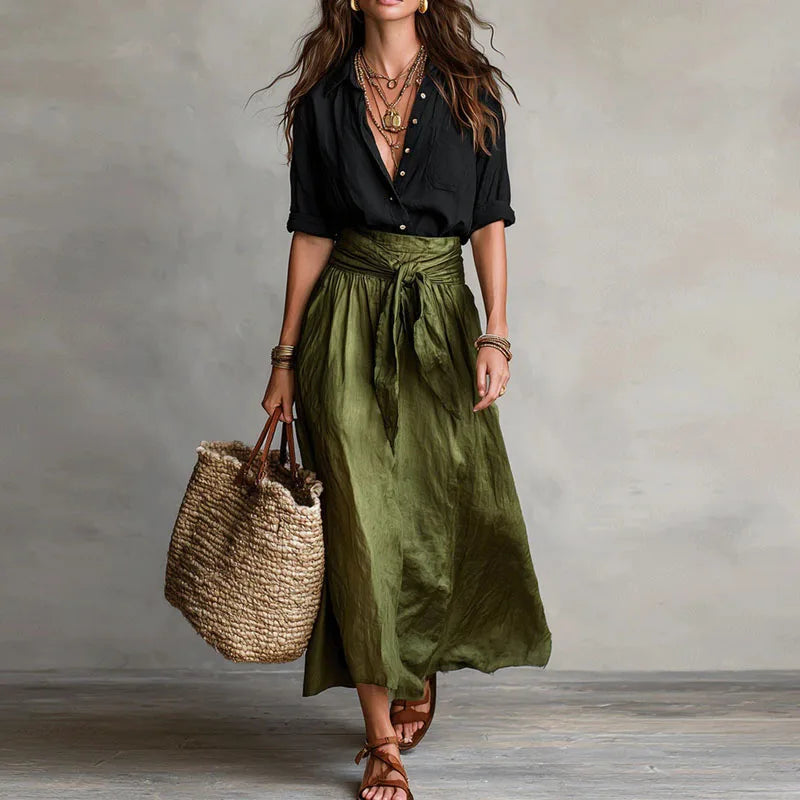 Ensemble deux pièces pour femme : blouse et jupe midi à taille nouée