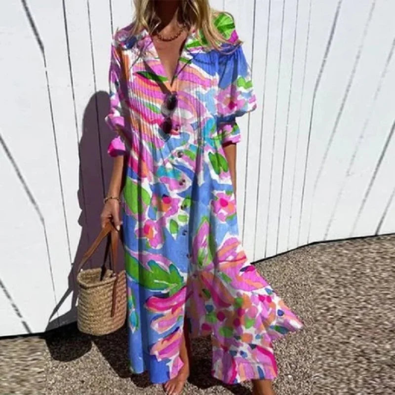 Women’s Colorful Floral Print Flowing Maxi Dress
