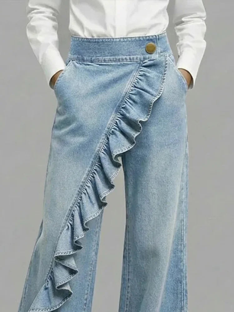 Women's Wide Leg Jeans with Asymmetrical Ruffle