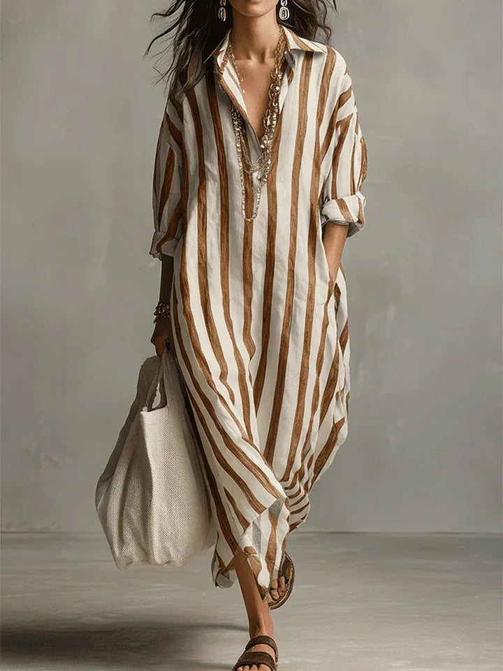 Women's Relaxed Striped Maxi Shirt Dress with V-Neck Collar
