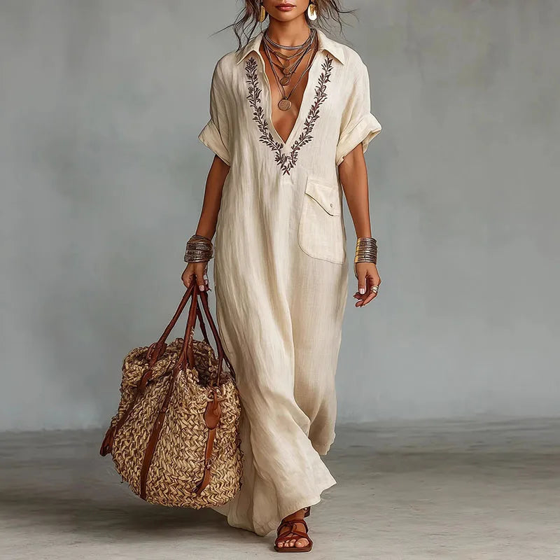 Robe maxi bohème imprimée pour femme avec décolleté plongeant en V