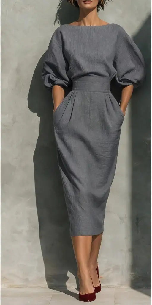 Robe midi à manches bouffantes pour femme avec poches