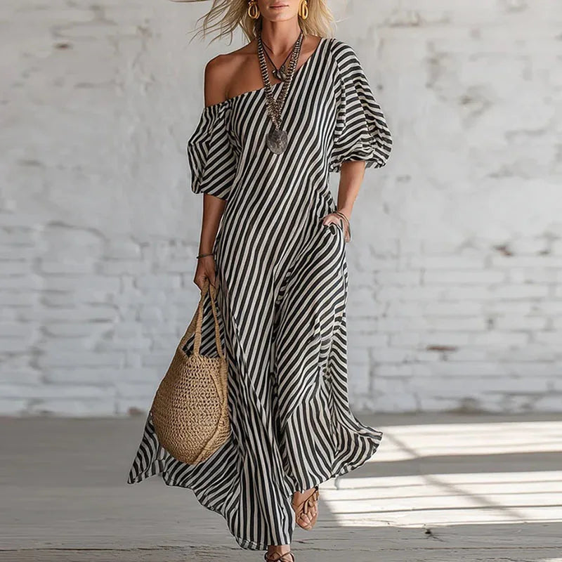 Women's One Shoulder Striped Puff Sleeve Maxi Dress