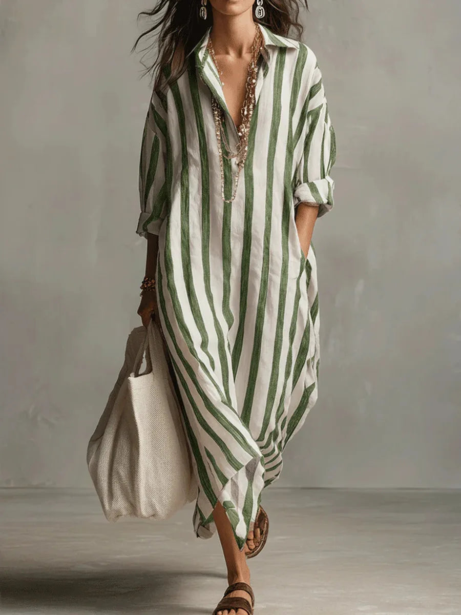 Women's Relaxed Striped Maxi Shirt Dress with V-Neck Collar