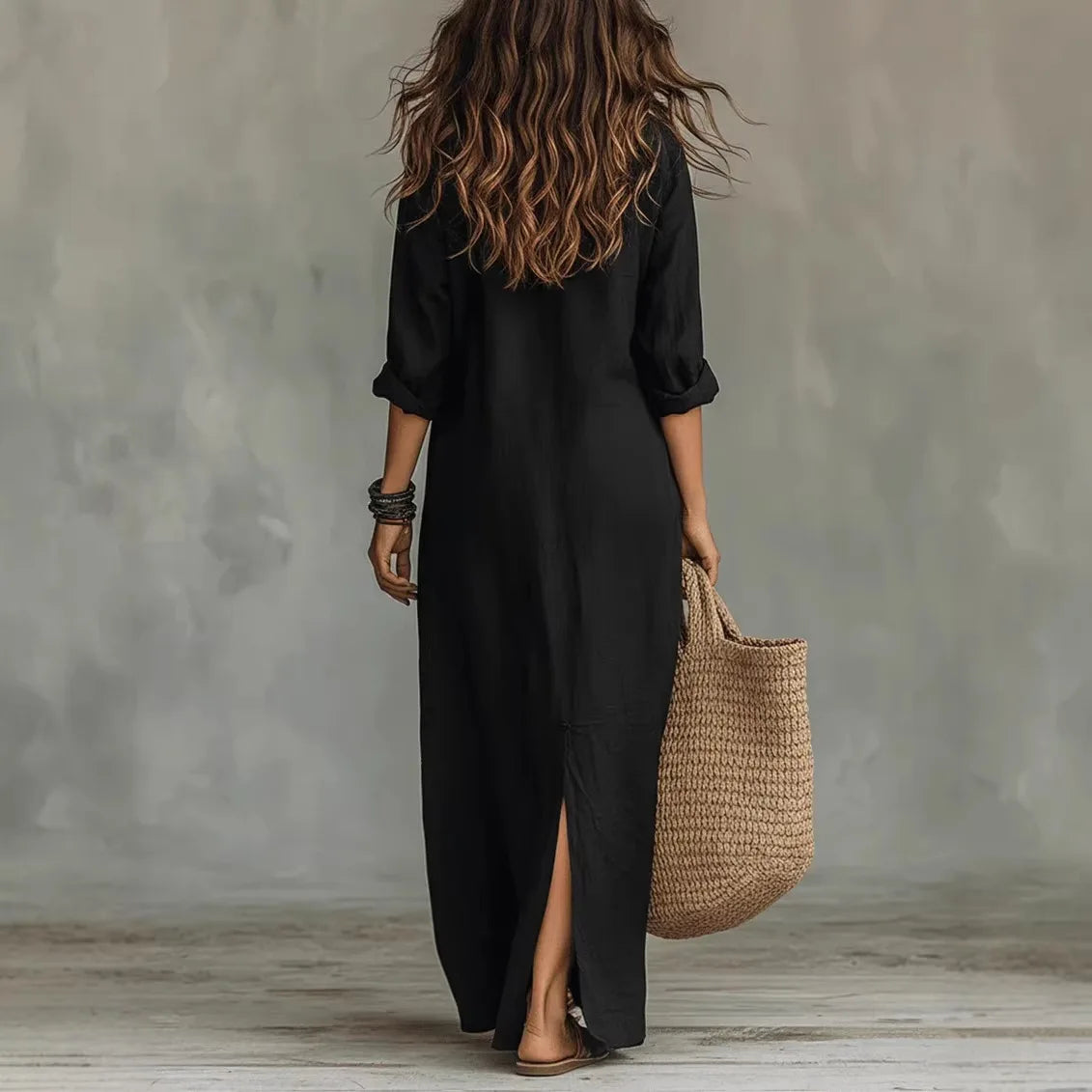Women's Relaxed Button-Front Maxi Shirt Dress with Side Slit