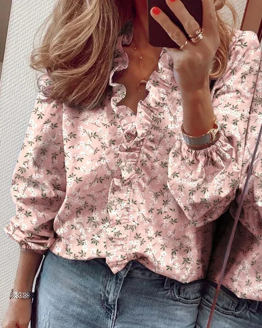 Blouse à manches longues à col en V avec volants pour femmes