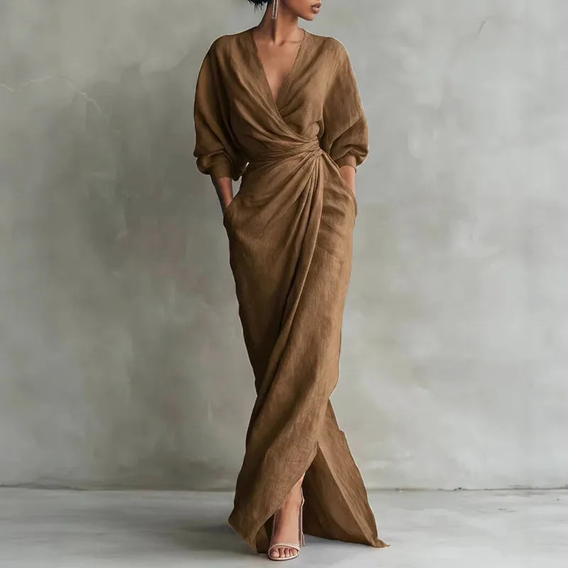 Γυναικείο Μακρύ Φόρεμα με V Λαιμόκοψη και Δέσιμο στη Μέση