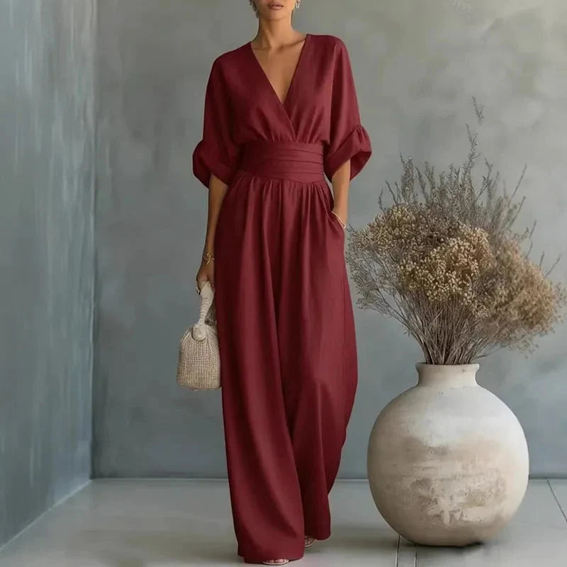 Women's Casual Style V-Neck Wide-Leg Jumpsuit