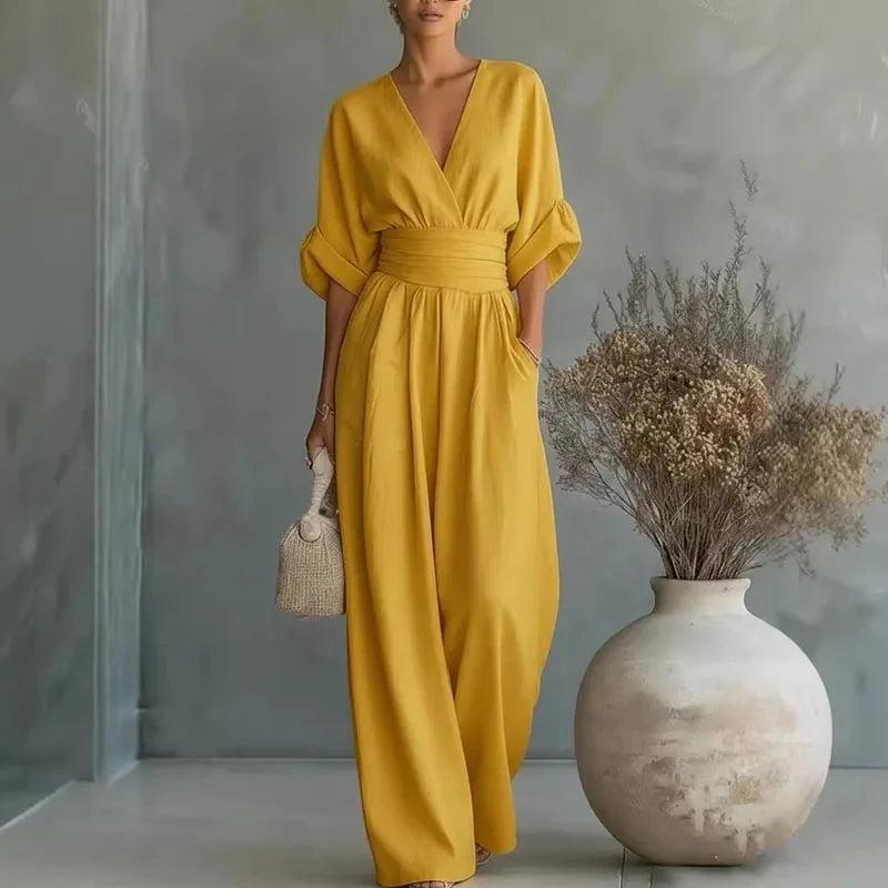 Women's Casual Style V-Neck Wide-Leg Jumpsuit