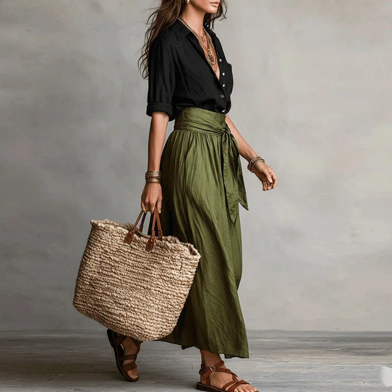 Ensemble deux pièces pour femme : blouse et jupe midi à taille nouée