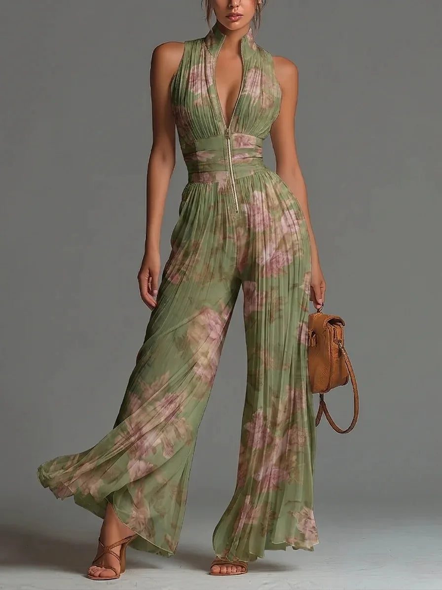 Women's Pleated Floral Jumpsuit with Halter Neck