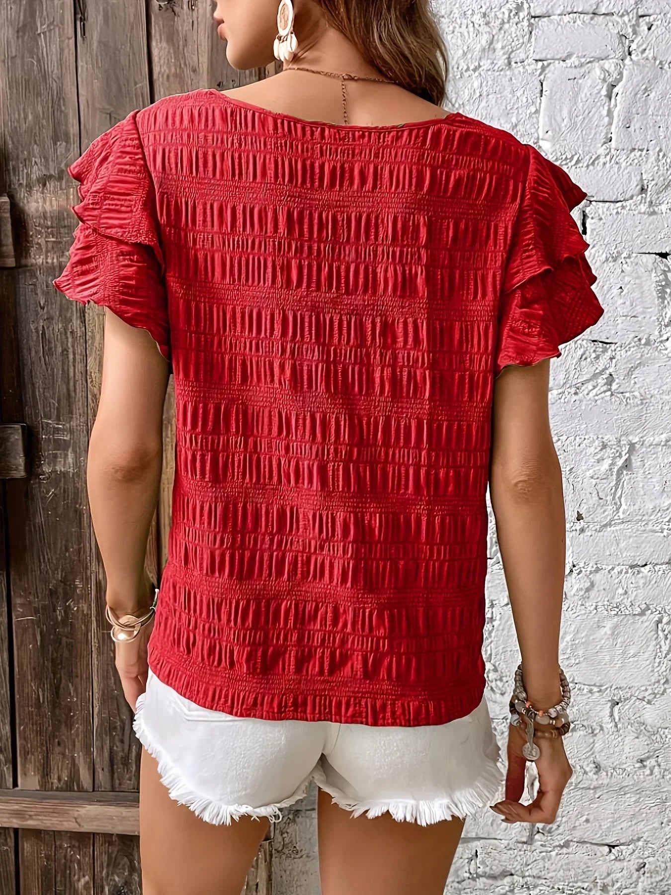 Blouse d'été décontractée pour femme avec manches à volants smockées