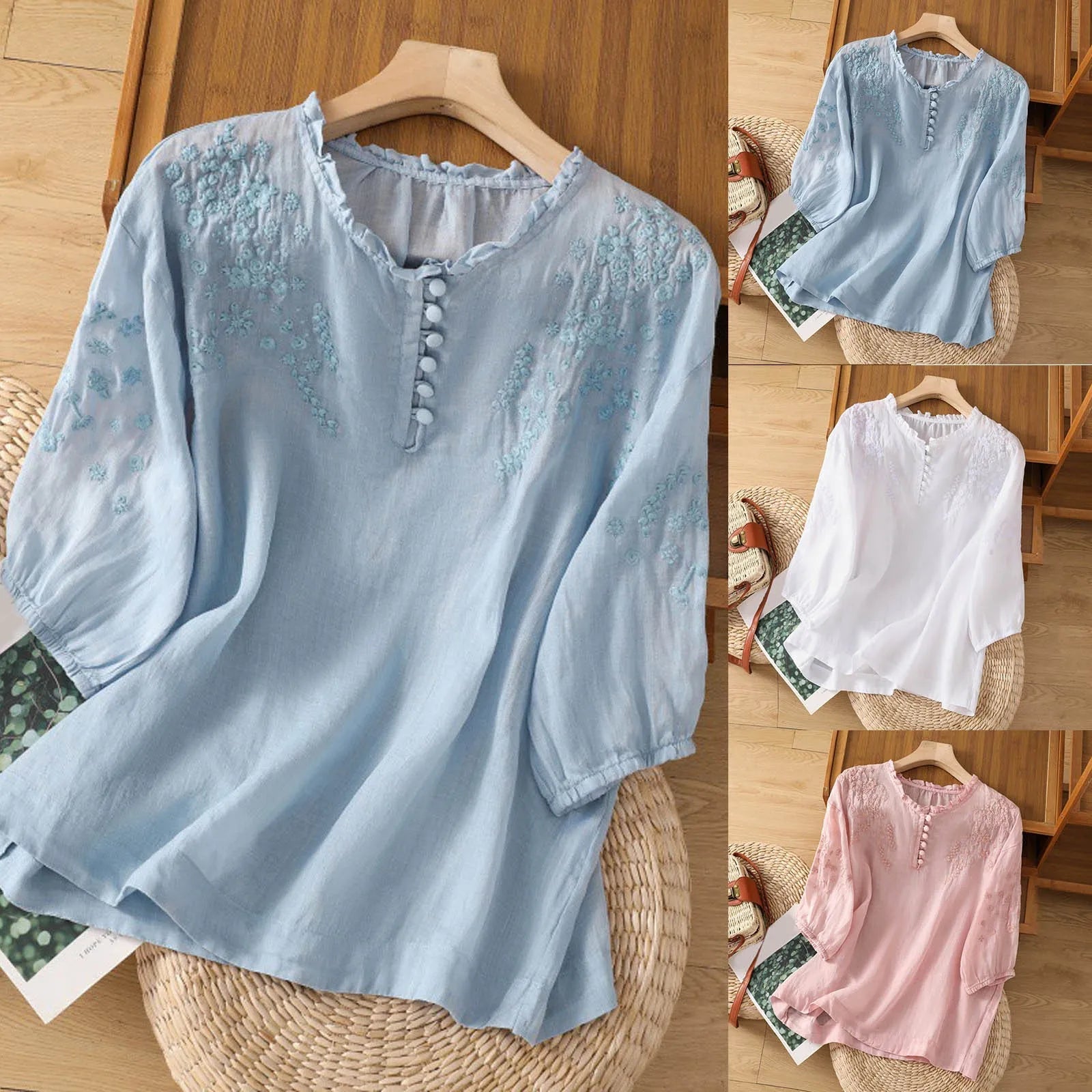 Embroidered Short Sleeve Blouse with Relaxed Fit