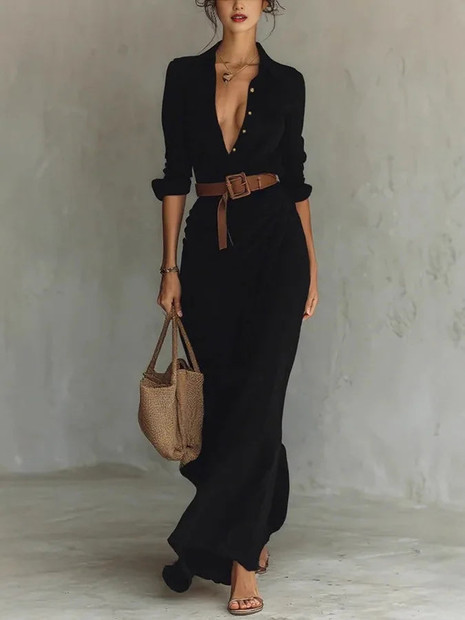 Women's Pleated Maxi Dress with V-Neck and Long Sleeves