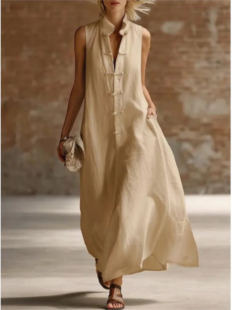 Robe chemise maxi sans manches pour femme