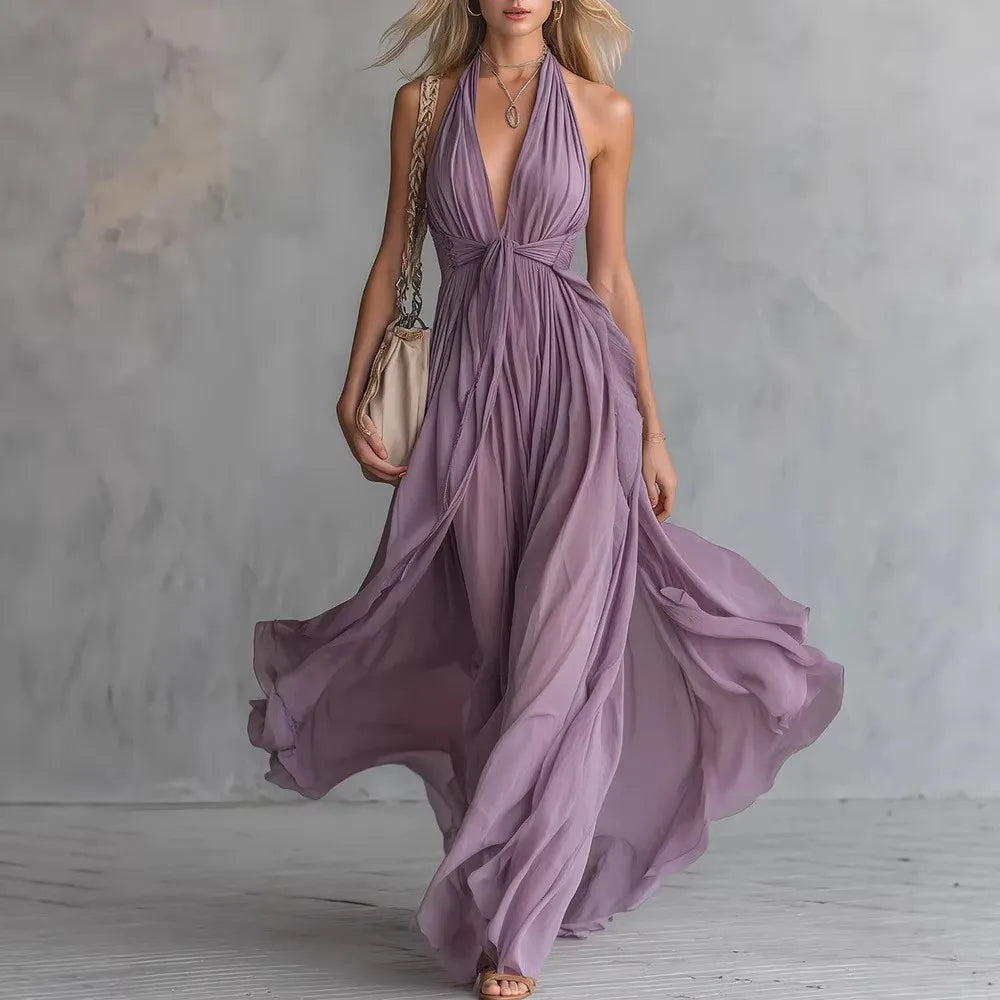 Robe longue dos nu à col halter pour femme avec fente plissée sur le côté