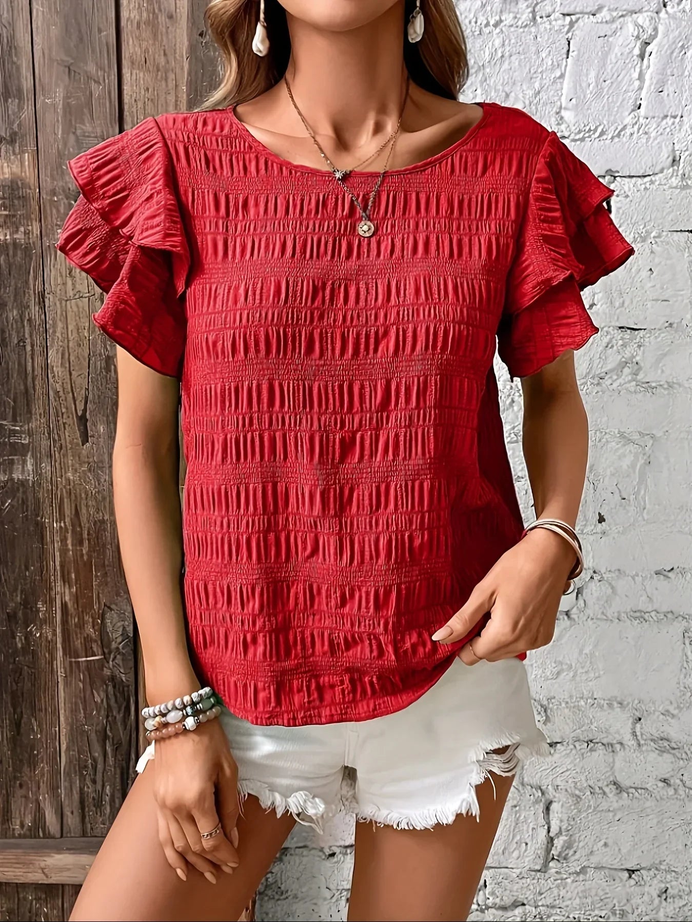 Blouse d'été décontractée pour femme avec manches à volants smockées