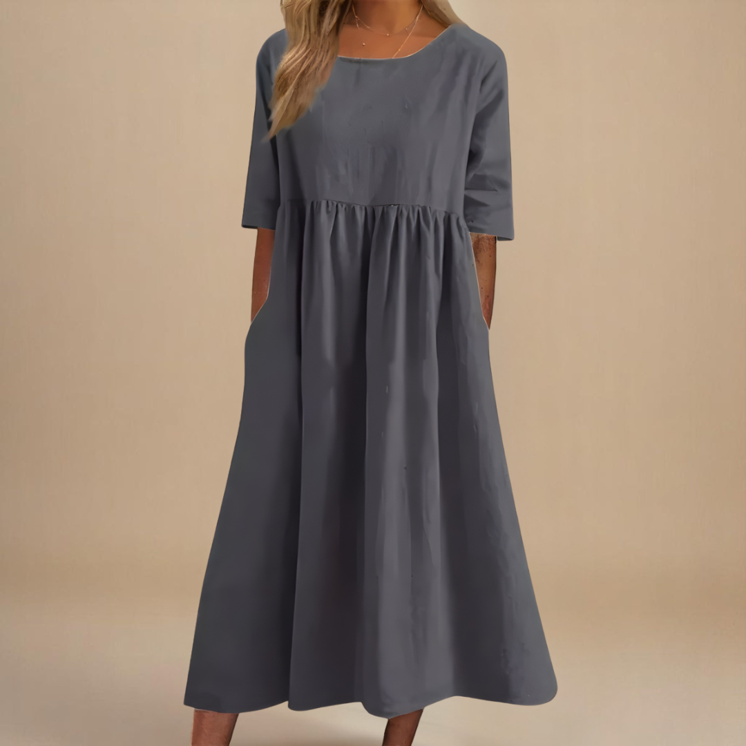 Robe midi à taille froncée et manches mi-longues pour femme