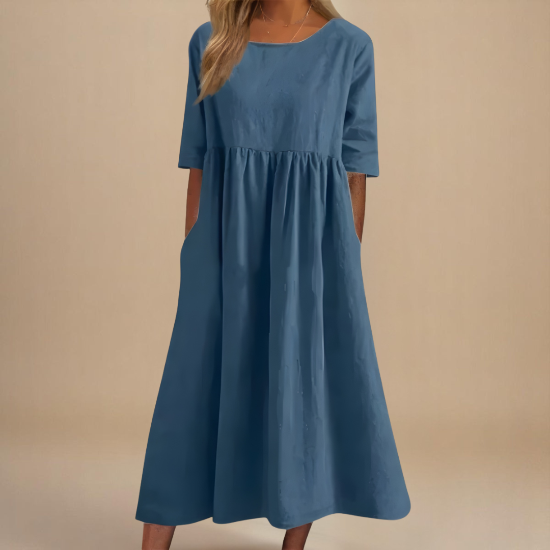 Robe midi à taille froncée et manches mi-longues pour femme