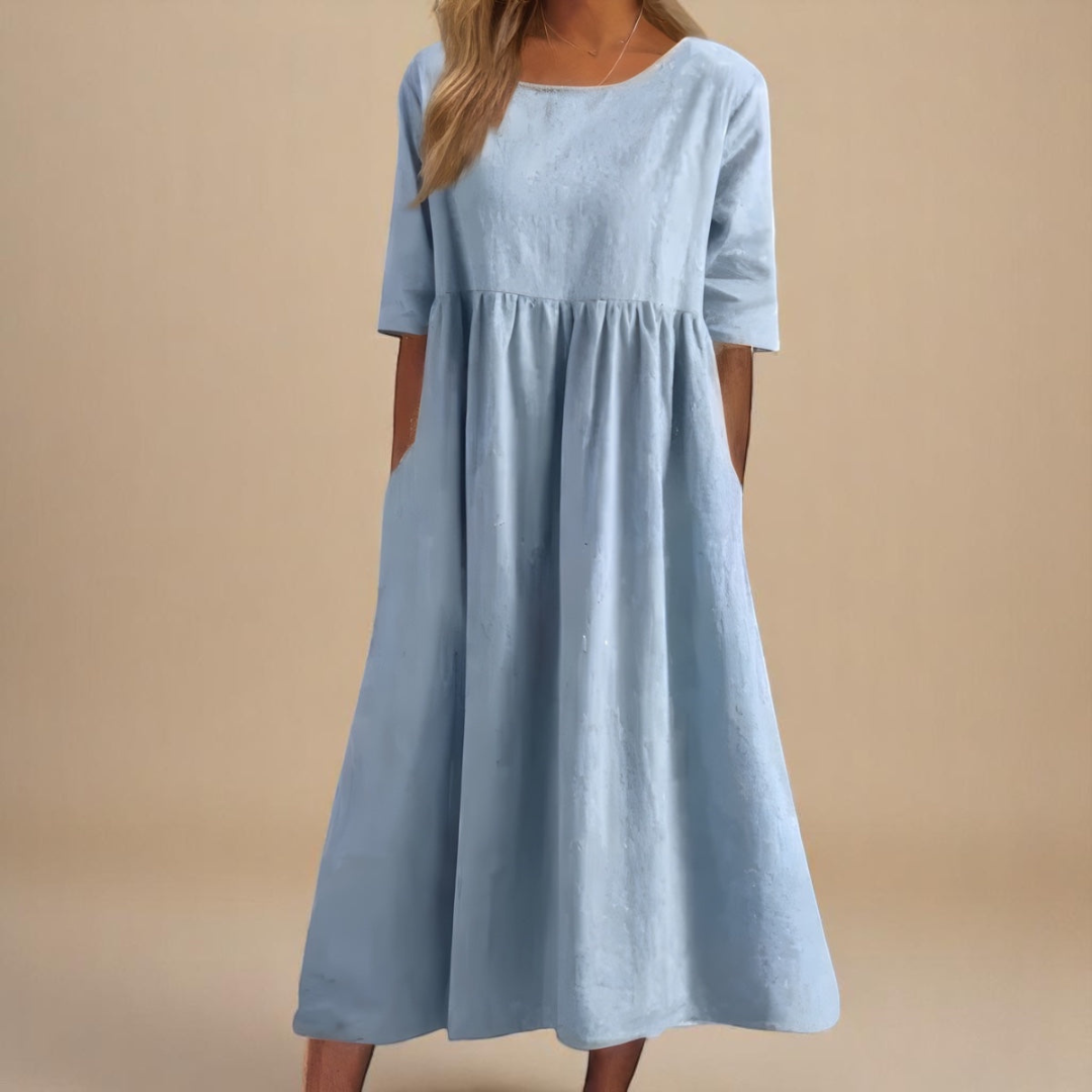 Robe midi à taille froncée et manches mi-longues pour femme