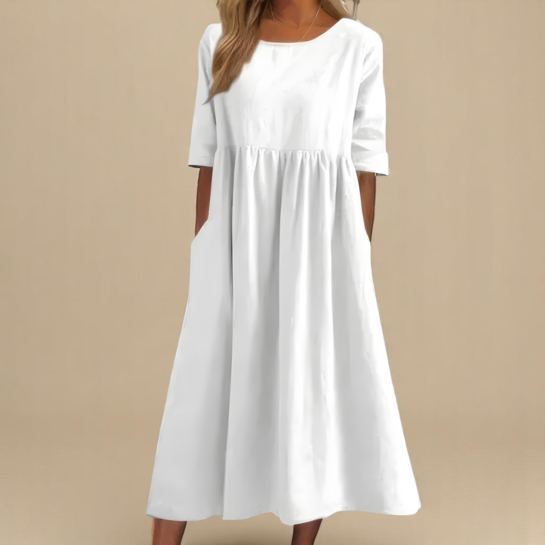 Robe midi à taille froncée et manches mi-longues pour femme